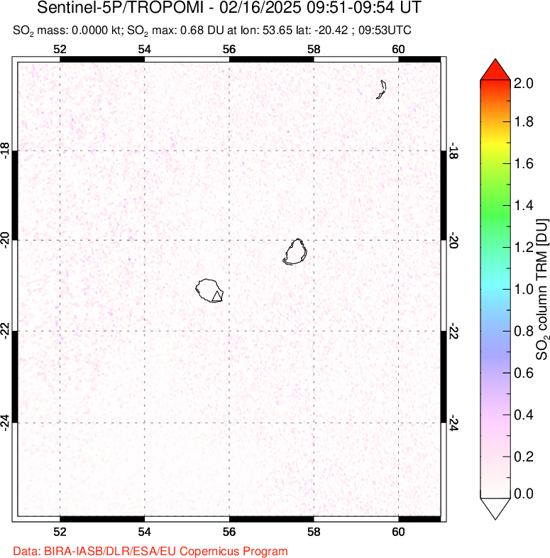 A sulfur dioxide image over Reunion Island, Indian Ocean on Feb 16, 2025.