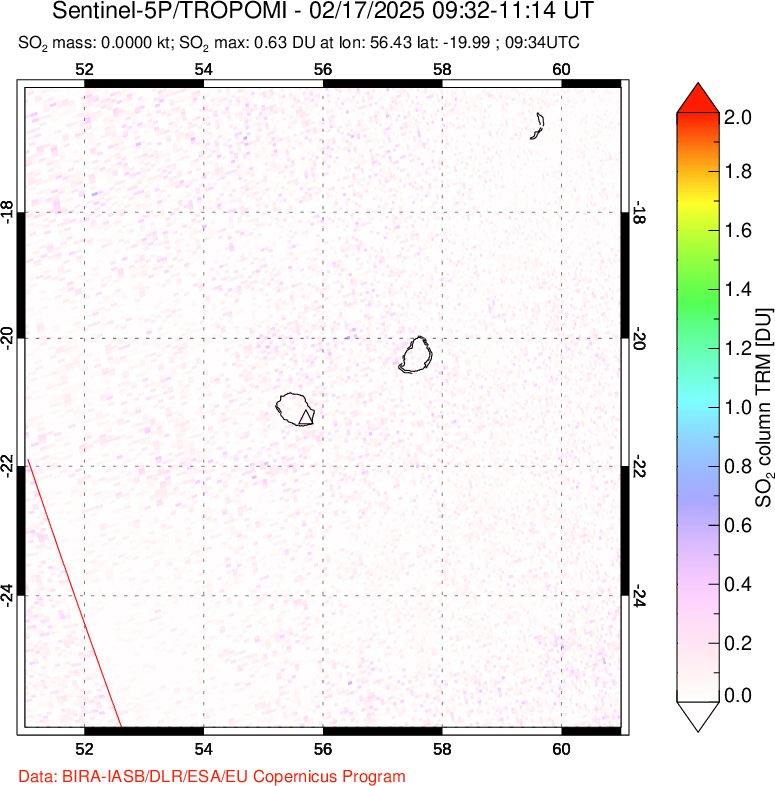 A sulfur dioxide image over Reunion Island, Indian Ocean on Feb 17, 2025.