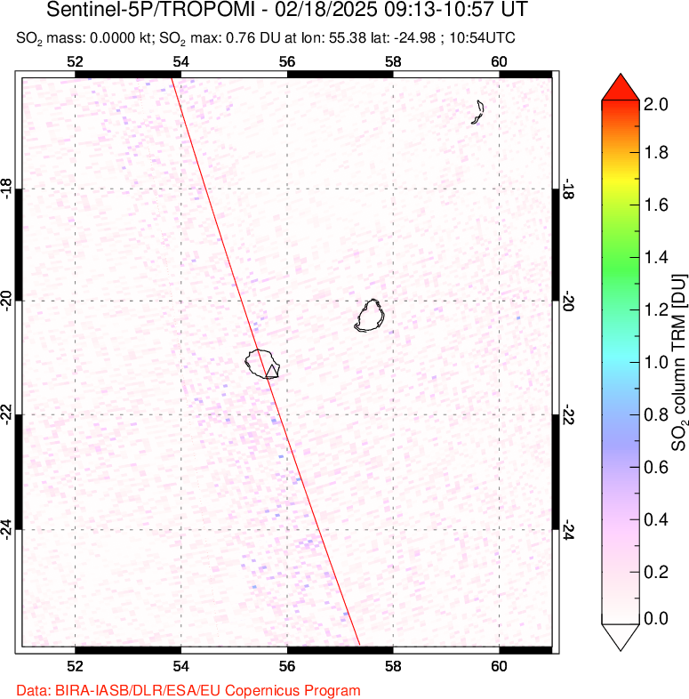 A sulfur dioxide image over Reunion Island, Indian Ocean on Feb 18, 2025.