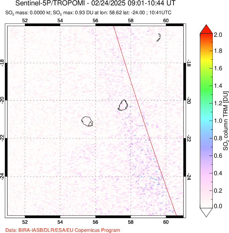 A sulfur dioxide image over Reunion Island, Indian Ocean on Feb 24, 2025.