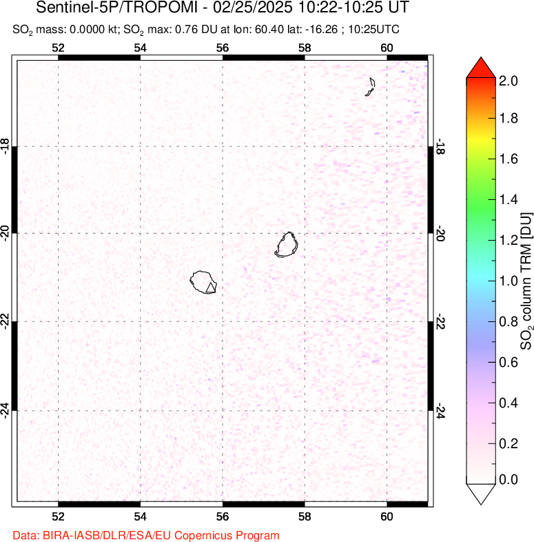 A sulfur dioxide image over Reunion Island, Indian Ocean on Feb 25, 2025.