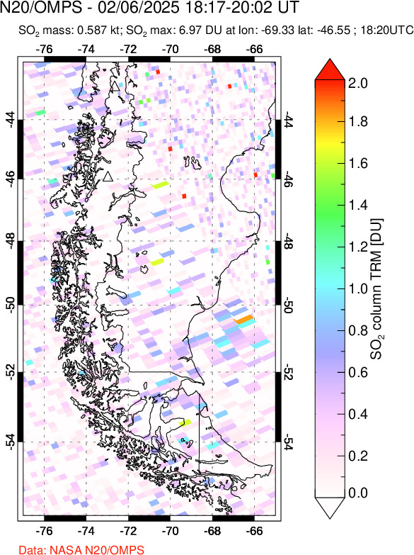 A sulfur dioxide image over Southern Chile on Feb 06, 2025.