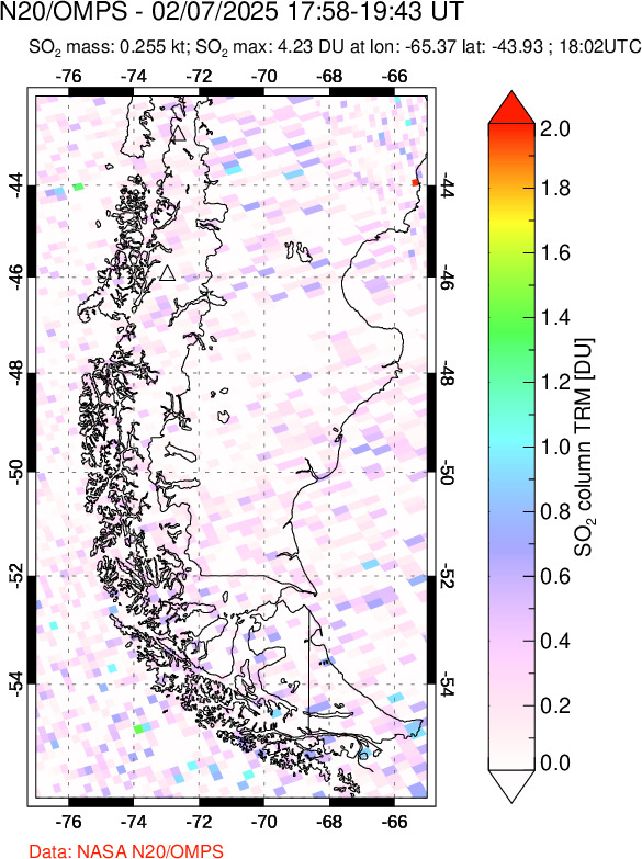 A sulfur dioxide image over Southern Chile on Feb 07, 2025.