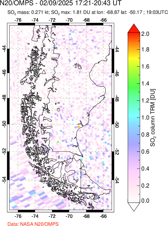 A sulfur dioxide image over Southern Chile on Feb 09, 2025.