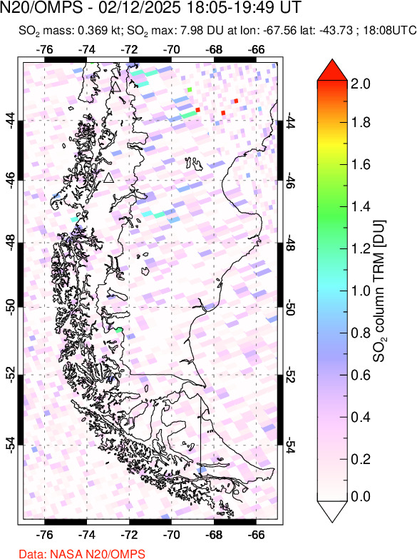 A sulfur dioxide image over Southern Chile on Feb 12, 2025.