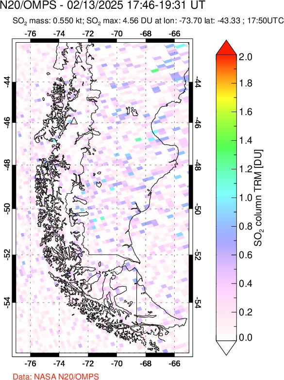 A sulfur dioxide image over Southern Chile on Feb 13, 2025.