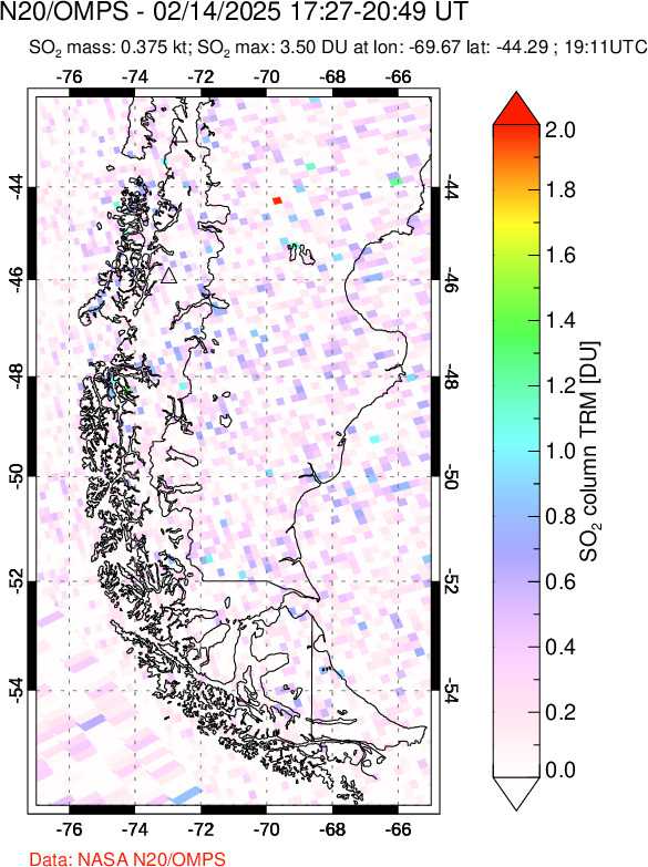 A sulfur dioxide image over Southern Chile on Feb 14, 2025.