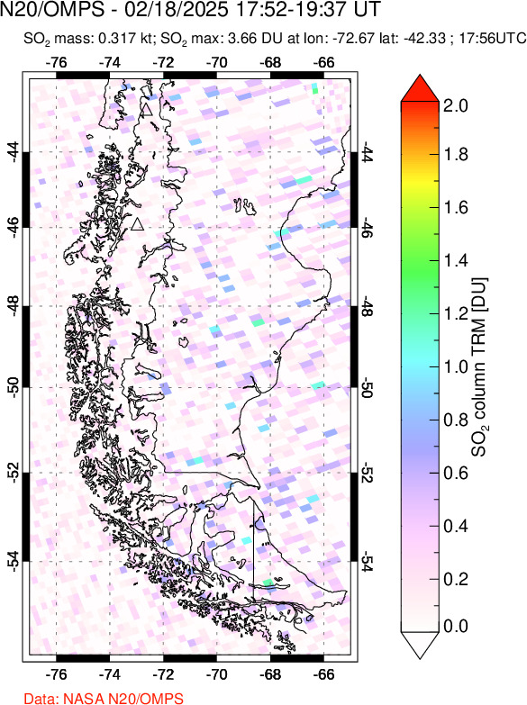 A sulfur dioxide image over Southern Chile on Feb 18, 2025.