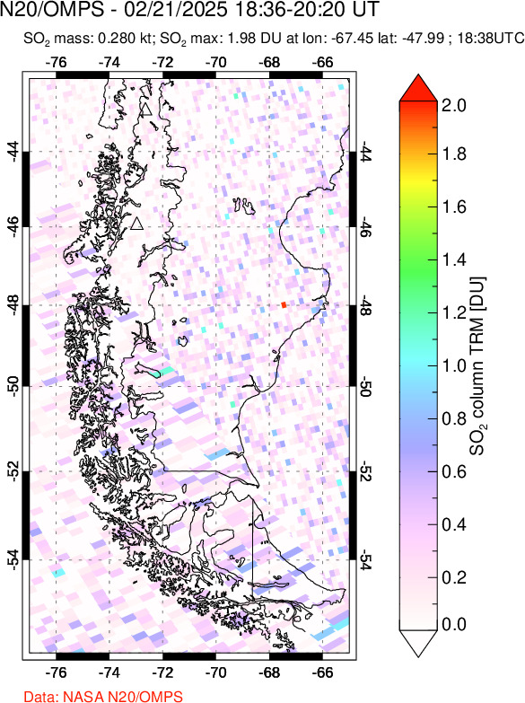 A sulfur dioxide image over Southern Chile on Feb 21, 2025.