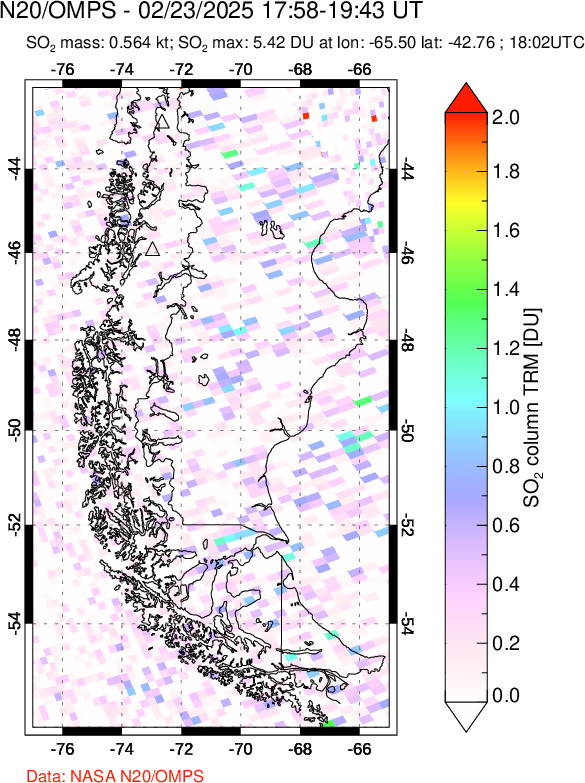 A sulfur dioxide image over Southern Chile on Feb 23, 2025.