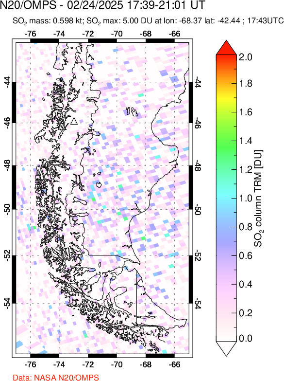 A sulfur dioxide image over Southern Chile on Feb 24, 2025.