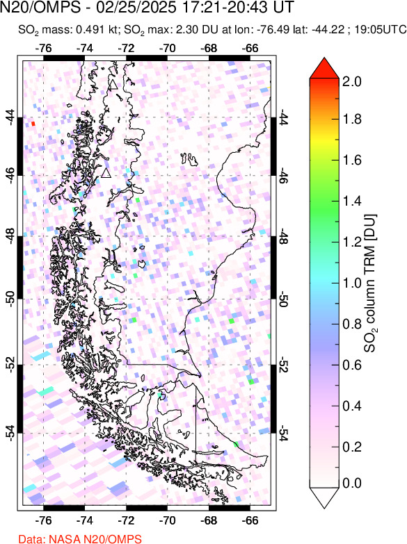 A sulfur dioxide image over Southern Chile on Feb 25, 2025.