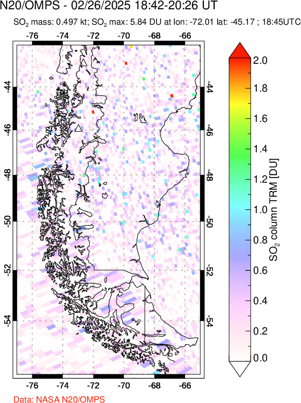 A sulfur dioxide image over Southern Chile on Feb 26, 2025.