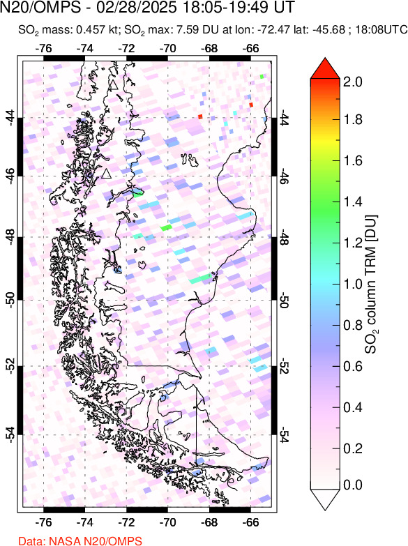 A sulfur dioxide image over Southern Chile on Feb 28, 2025.