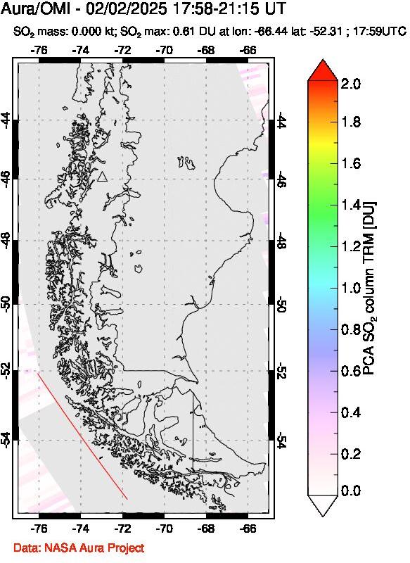 A sulfur dioxide image over Southern Chile on Feb 02, 2025.