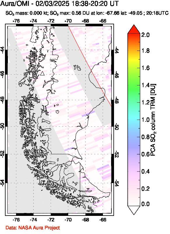 A sulfur dioxide image over Southern Chile on Feb 03, 2025.