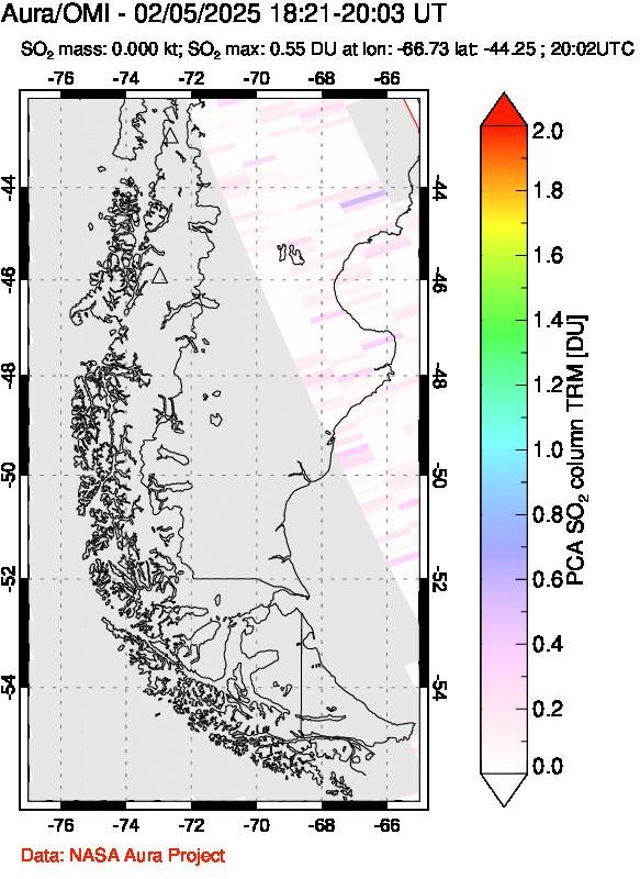 A sulfur dioxide image over Southern Chile on Feb 05, 2025.