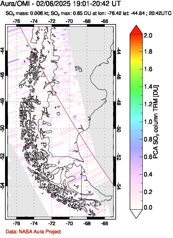 A sulfur dioxide image over Southern Chile on Feb 06, 2025.