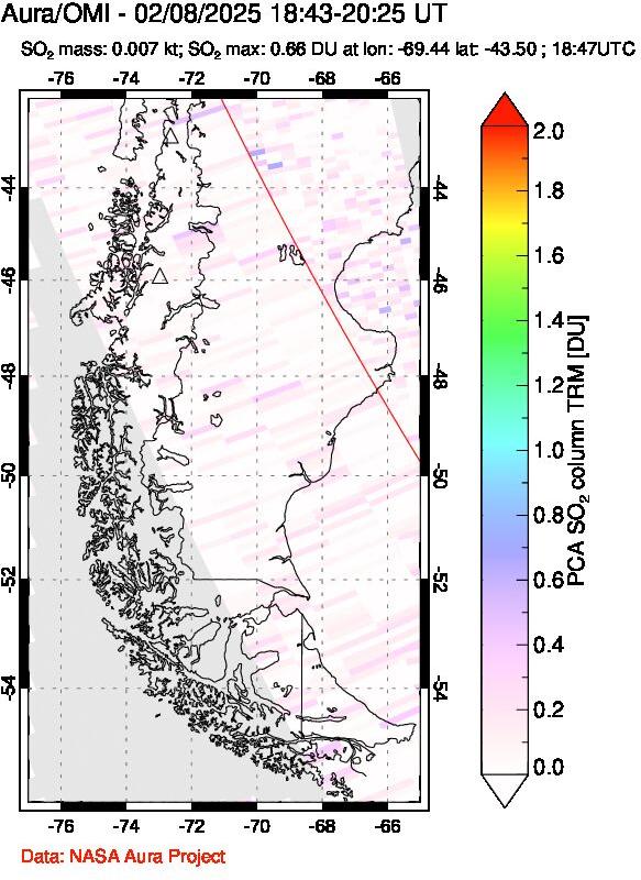 A sulfur dioxide image over Southern Chile on Feb 08, 2025.