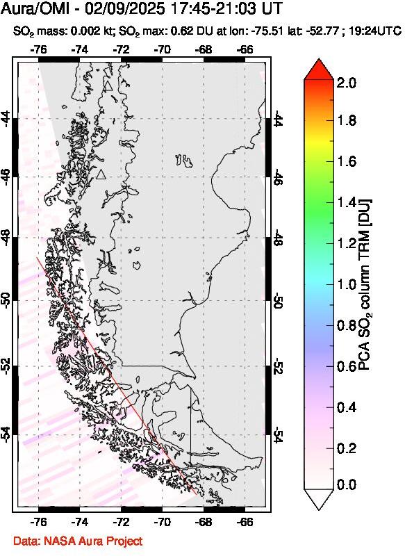 A sulfur dioxide image over Southern Chile on Feb 09, 2025.