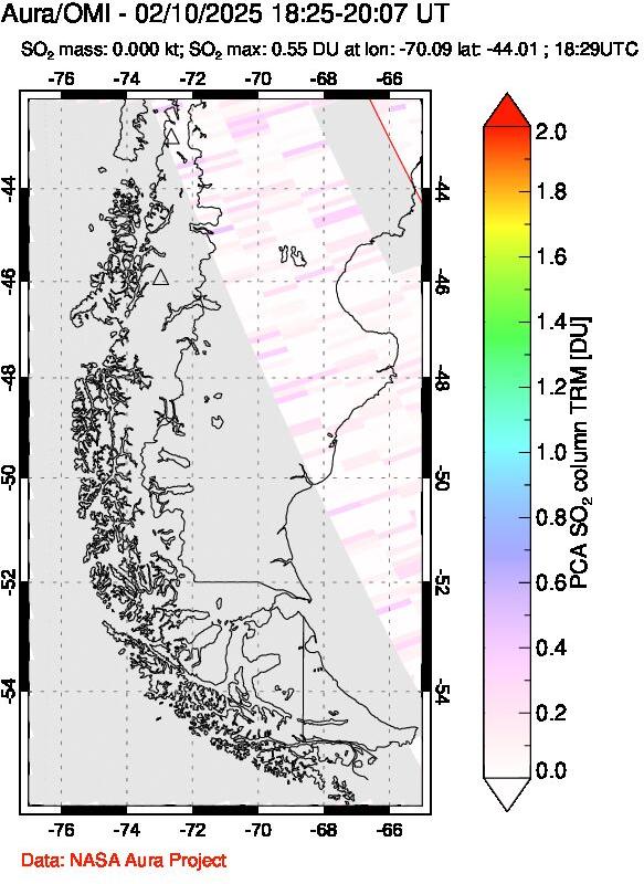 A sulfur dioxide image over Southern Chile on Feb 10, 2025.