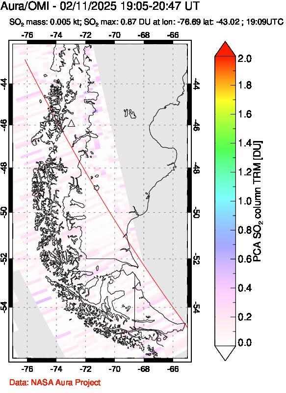 A sulfur dioxide image over Southern Chile on Feb 11, 2025.