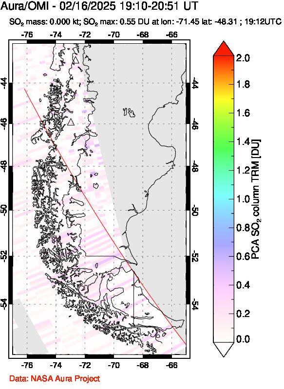 A sulfur dioxide image over Southern Chile on Feb 16, 2025.