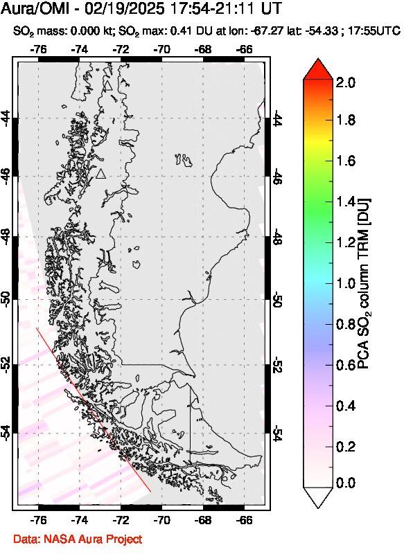 A sulfur dioxide image over Southern Chile on Feb 19, 2025.