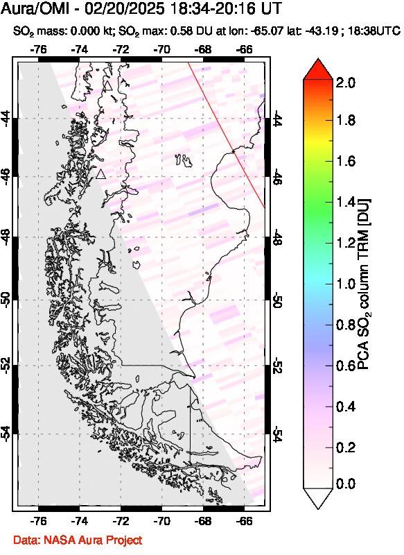 A sulfur dioxide image over Southern Chile on Feb 20, 2025.