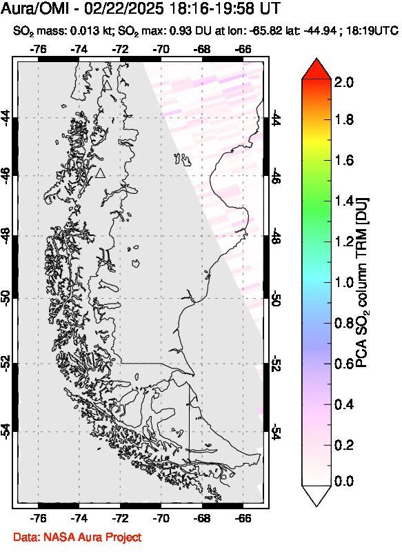 A sulfur dioxide image over Southern Chile on Feb 22, 2025.