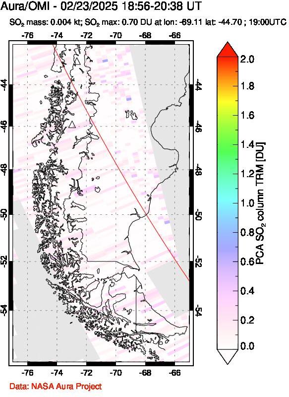 A sulfur dioxide image over Southern Chile on Feb 23, 2025.