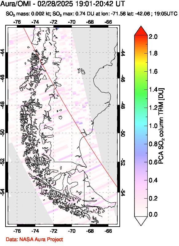 A sulfur dioxide image over Southern Chile on Feb 28, 2025.