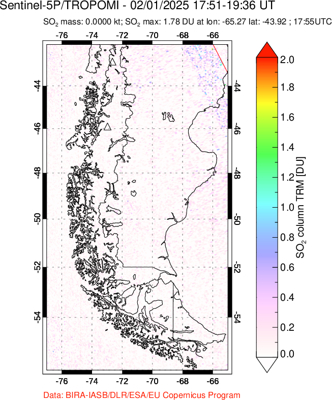 A sulfur dioxide image over Southern Chile on Feb 01, 2025.