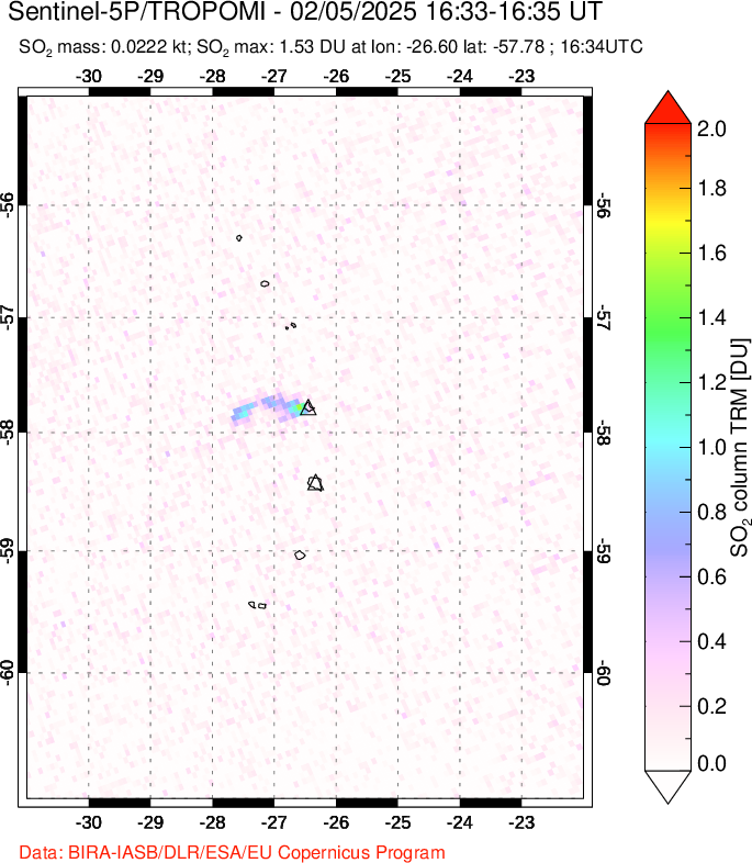 A sulfur dioxide image over South Sandwich Islands, South Atlantic on Feb 05, 2025.