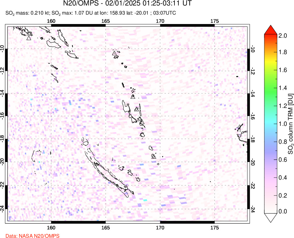 A sulfur dioxide image over Vanuatu, South Pacific on Feb 01, 2025.