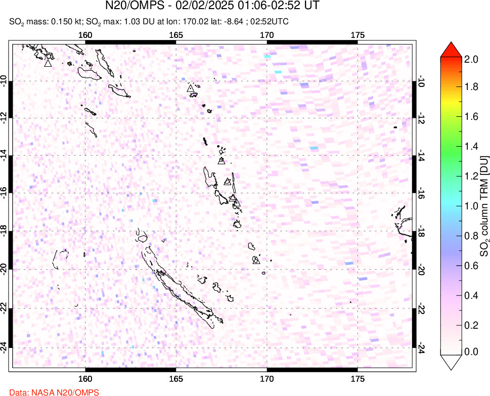 A sulfur dioxide image over Vanuatu, South Pacific on Feb 02, 2025.