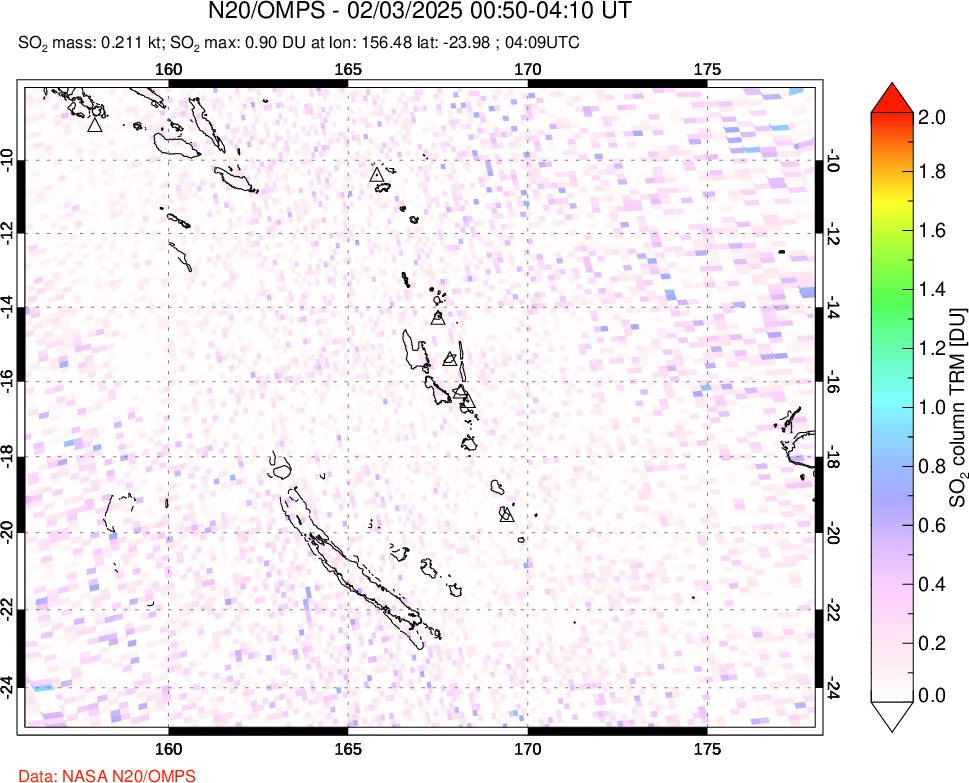 A sulfur dioxide image over Vanuatu, South Pacific on Feb 03, 2025.