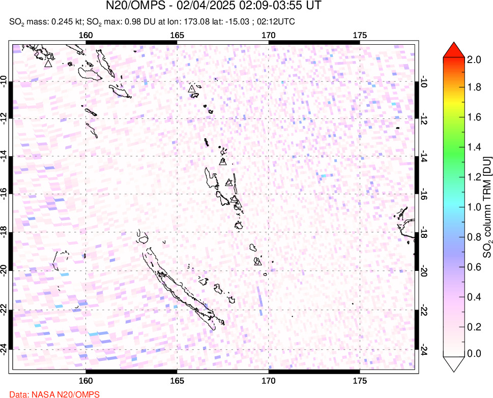 A sulfur dioxide image over Vanuatu, South Pacific on Feb 04, 2025.