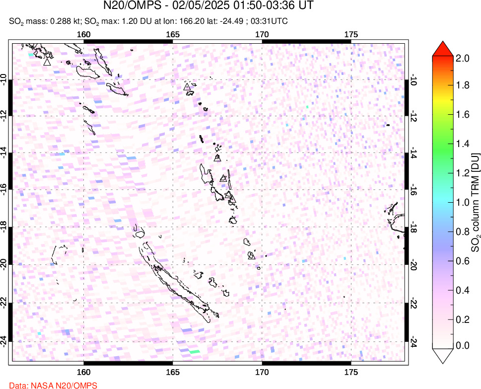 A sulfur dioxide image over Vanuatu, South Pacific on Feb 05, 2025.