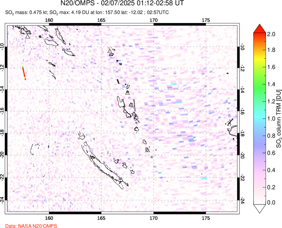 A sulfur dioxide image over Vanuatu, South Pacific on Feb 07, 2025.