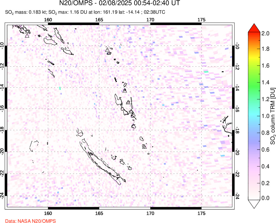 A sulfur dioxide image over Vanuatu, South Pacific on Feb 08, 2025.