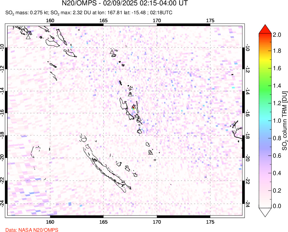 A sulfur dioxide image over Vanuatu, South Pacific on Feb 09, 2025.