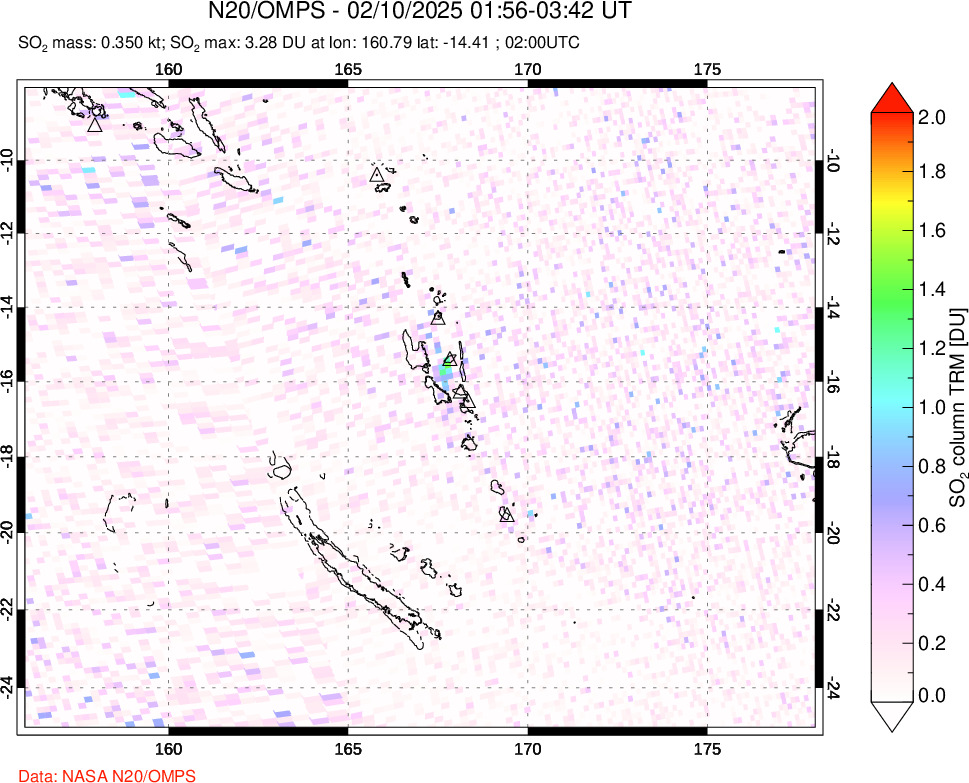 A sulfur dioxide image over Vanuatu, South Pacific on Feb 10, 2025.