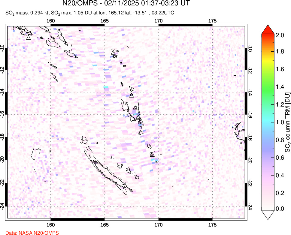 A sulfur dioxide image over Vanuatu, South Pacific on Feb 11, 2025.