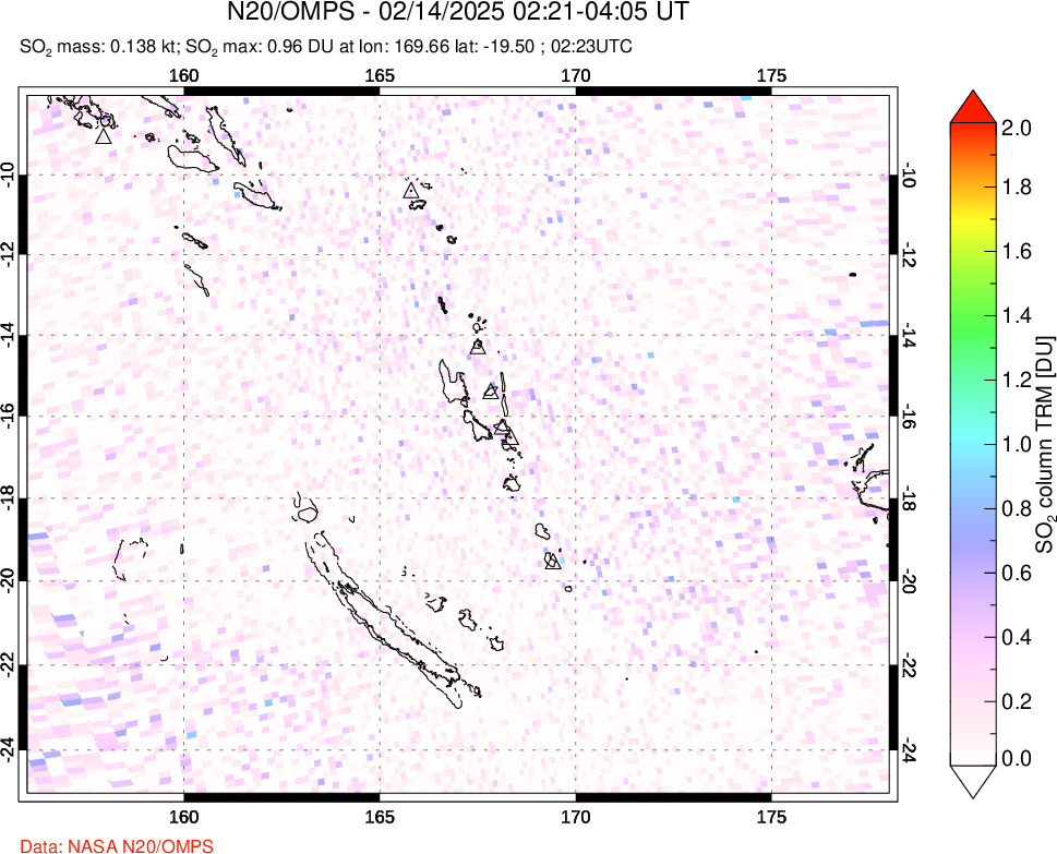 A sulfur dioxide image over Vanuatu, South Pacific on Feb 14, 2025.