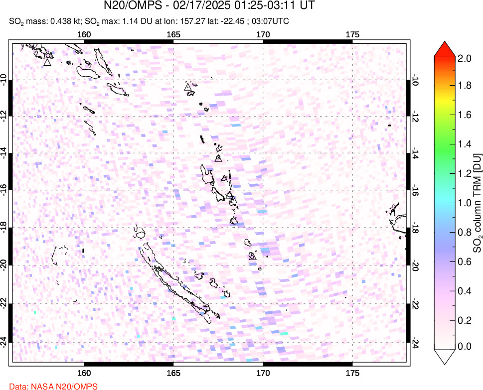 A sulfur dioxide image over Vanuatu, South Pacific on Feb 17, 2025.