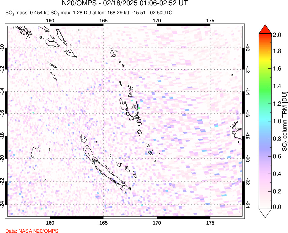 A sulfur dioxide image over Vanuatu, South Pacific on Feb 18, 2025.