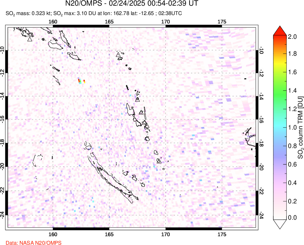 A sulfur dioxide image over Vanuatu, South Pacific on Feb 24, 2025.