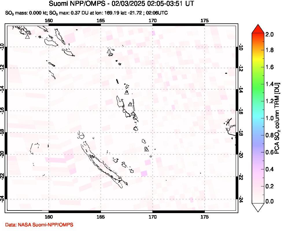 A sulfur dioxide image over Vanuatu, South Pacific on Feb 03, 2025.