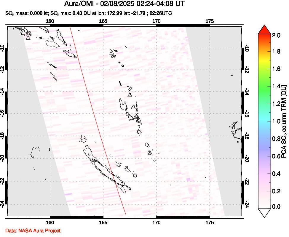 A sulfur dioxide image over Vanuatu, South Pacific on Feb 08, 2025.